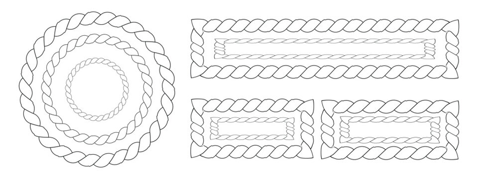 Nautical rope frame set with round and rectangular twisted cord borders vector illustration.