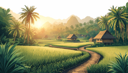 Vector rural panorama with rice terraces, wooden huts, palm grove, mountain valley, and sunrise path for farm tourism, village retreat, agriculture, and nature ads © Joko