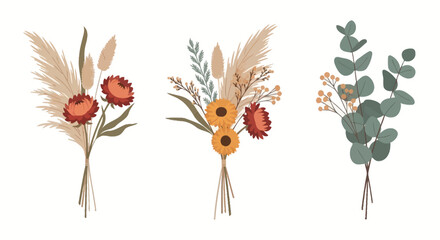 Boho dried flower bouquets with pampas grass and eucalyptus © jidan