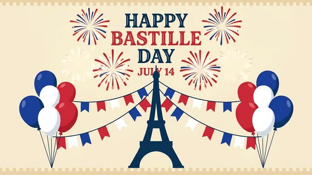 Animated Happy Bastille Day graphic celebrating July 14 with Eiffel Tower, balloons, banners, and colorful fireworks display.