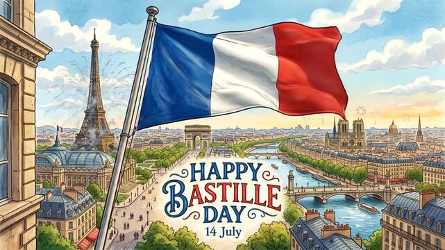 Animated French flag waves over a beautiful Paris cityscape with fireworks for Bastille Day celebration on 14 July.