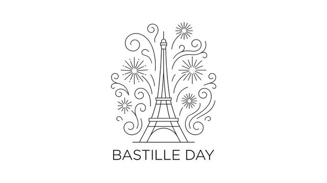 Bastille Day celebration animation with Eiffel Tower line art and fireworks