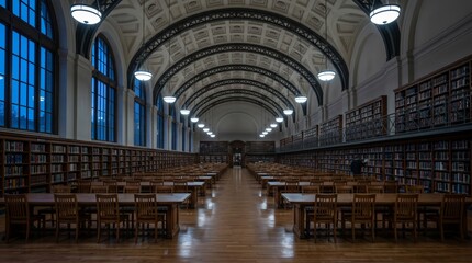Obraz premium Candid Quiet Reading Room Reflecting Solitary Public Moments AI generated