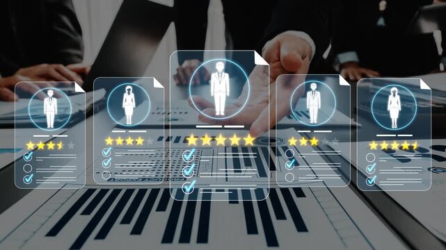 Business Professionals Analyzing Digital Documents and Presenting Data with Unique Icons and Graphic Elements in Modern Office Setting Sigmoid