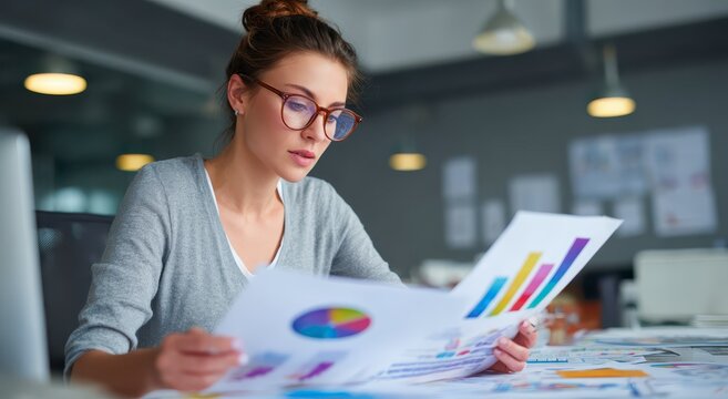 Woman in office setting analyzing colorful charts and graphs on paper documents with focused express