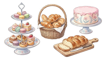 A delicious assortment of sweet and savory pastries, including croissants, cakes, and bread, arranged on various stands and a cutting board. © Avra