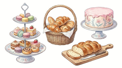 A variety of baked goods are displayed on cake stands and a cutting board © Avra