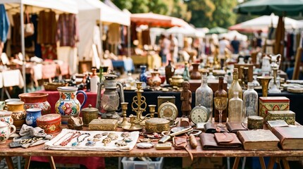 Fototapeta premium Vintage collectibles and antiques displayed on a table at an outdoor flea market