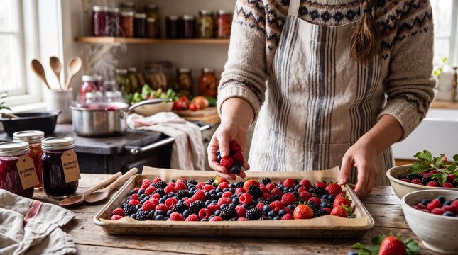 Woman arranging fresh mixed berries on a baking sheet for home preservation.