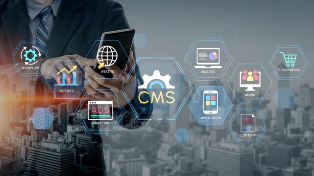 Business Professional Engaging with Content Management System on Mobile Device in Urban Environment with Digital Icons Representing Technology and Marketing. Entropy.