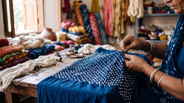 Indian artisan woman handcrafting traditional blue Bandhani tie-dye textile
