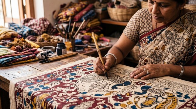 Indian woman artisan painting traditional Kalamkari textile design on fabric