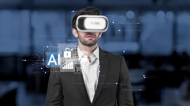 Business Professional Using Virtual Reality Headset with Digital Icons Representing Artificial Intelligence and Data Analytics in a Modern Office Setting Gluon.