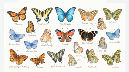 Butterflies on display with various species and colors shown closely. © Avra