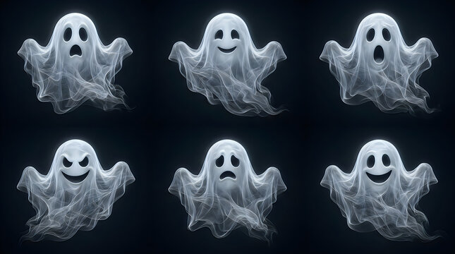 Glowing ghost illustrations, Halloween spirits, white transparent ghosts, spooky faces, emoticon characters halloween