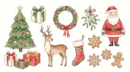 Santa Claus stands beside a reindeer near a Christmas tree and wreath with gifts and cookies © Avra