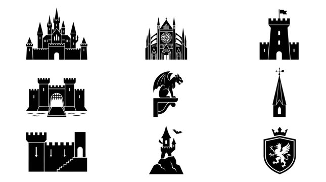 Black silhouettes of medieval castles towers.