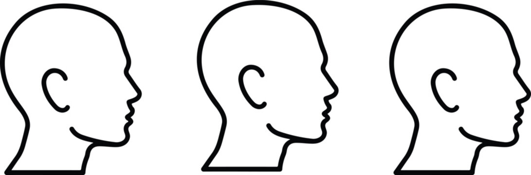 Set of three human head profile outlines facing right symbolizing identity, psychology, and communication concept for vector design