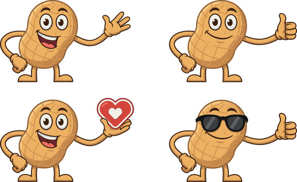 Cute Peanut Cartoon Character Set with Waving Hand Thumbs Up Gesture and Sunglasses for Nut Product Branding Stickers and Graphics