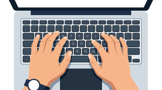 Hands typing on laptop keyboard, top view, modern workspace, digital communication concept