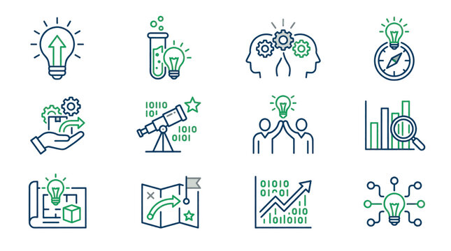 Collection of colorful flat design icons representing various business and technology concepts.