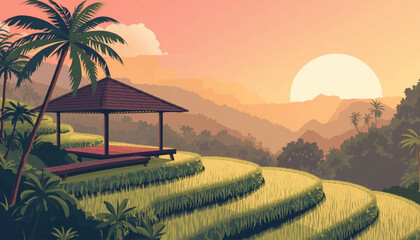 Close vector view of a wooden gazebo beside glowing rice terraces, palms, sun, and hazy mountains for travel ads, resort decor, relaxation posters, and spa themes © Joko