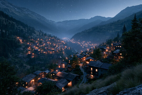 mountain valley village at night, warm lights scattered through the landscape, star-filled sky, photorealistic travel photography.