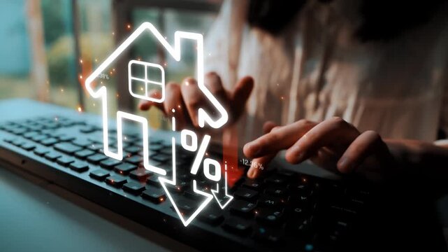 Woman Typing on Keyboard with House Icon and Percentage Sign Illustrating Real Estate Trends and Market Analysis in Modern Workspace Environment Sigmoid