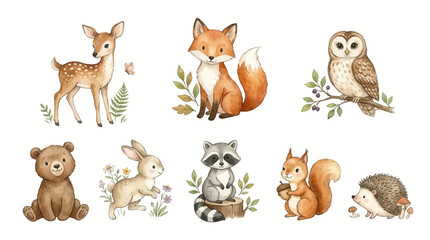 Fototapeta premium Animals gather in forest with ferns and flowers, featuring a deer, fox, owl, bear, rabbit, raccoon, squirrel, and hedgehog.