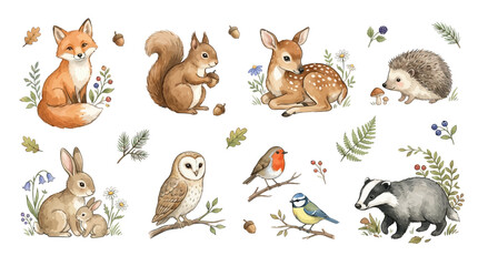 Obraz premium Forest animals gathering around plants and flowers in natural habitat scene