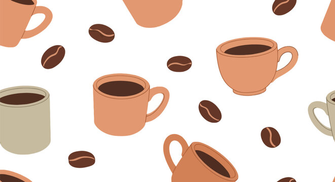 Seamless pattern of coffee cups and roasted beans