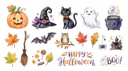 Fototapeta premium Halloween decorations and icons show a festive scene with pumpkin, cat, ghost, witch, and various autumn leaves.
