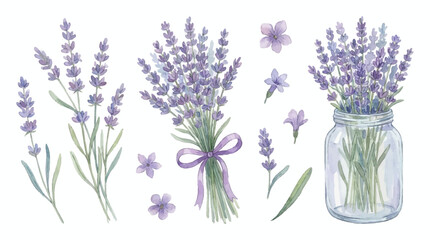 Obraz premium Lavender flowers in a mason jar with bouquets and scattered blooms on a table indoors