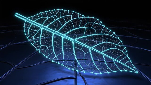 Glowing blue digital leaf structure floating in motion within a dark abstract technological video environment