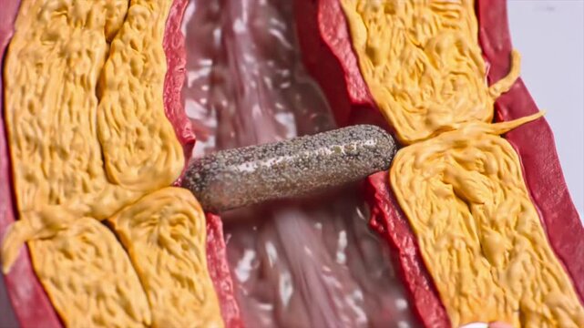 Artery model demonstrating close-up blocked vessel cross-section, supporting cardiovascular education, atherosclerosis training, medical diagnosis, anatomy lessons, and healthcare risk media.