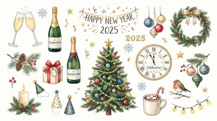 New Year's Eve celebration with champagne, Christmas tree, gifts, and clock striking midnight surrounded by festive decorations and fireworks © Avra