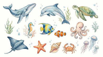 Marine animals swim with sea creatures in ocean water with plants © Avra
