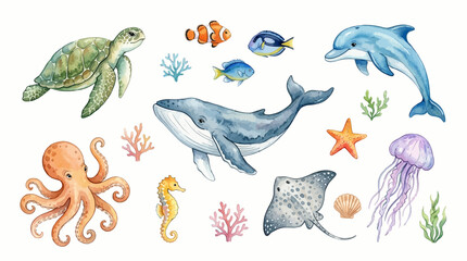 Fototapeta premium Various sea creatures are swimming together in the ocean water