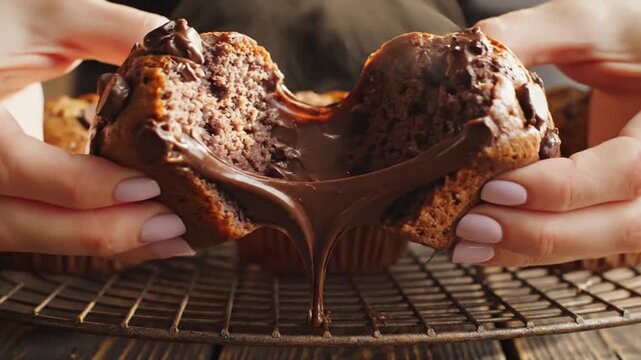 Woman's hands are pulling apart a gooey chocolate croissant on a cooling rack