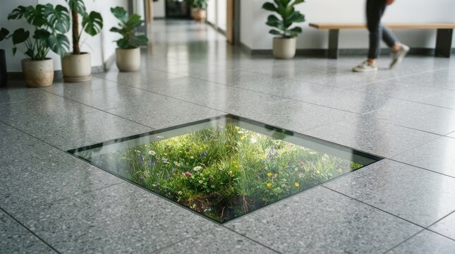 Small green indoor garden inside a glass floor panel in a modern office building lobby