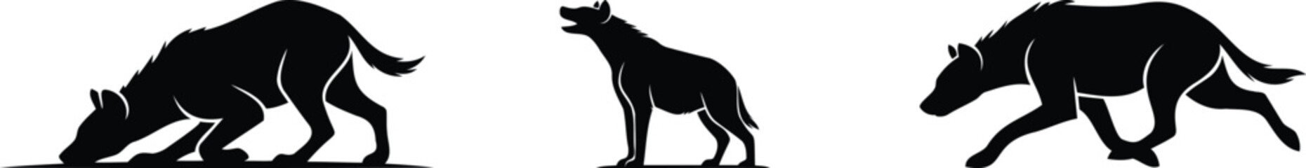 Three detailed black silhouettes of wild hyenas standing and moving in different natural hunting poses © Avlon