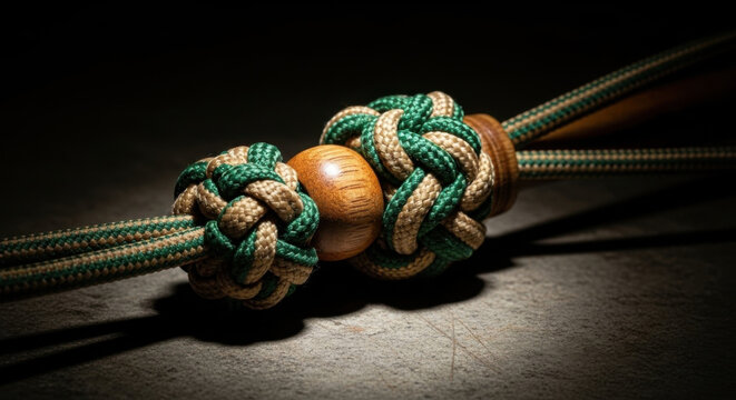 Intricate Knotted Cord Design With Natural Wood Accent