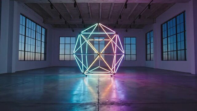 A glowing neon geometric sculpture stands alone in a modern empty art gallery with large windows