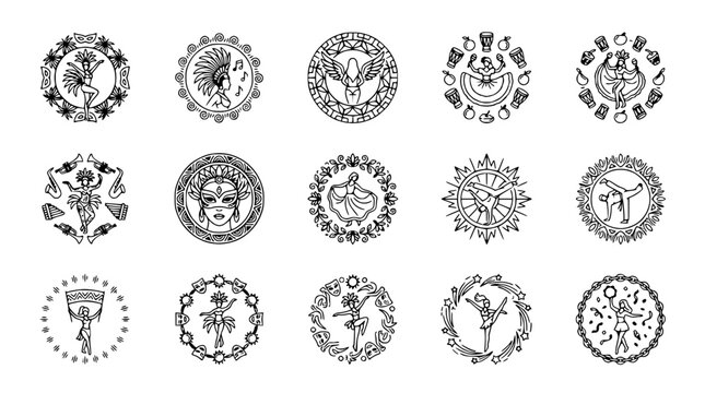 Diverse Cultural Performance Icons: Tribal Dancer, Ballet, Acrobat, Musician, Native American