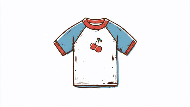 Hand-drawn t-shirt with cherry graphic and contrasting raglan sleeves, ideal for apparel design, fashion blogs and summer marketing