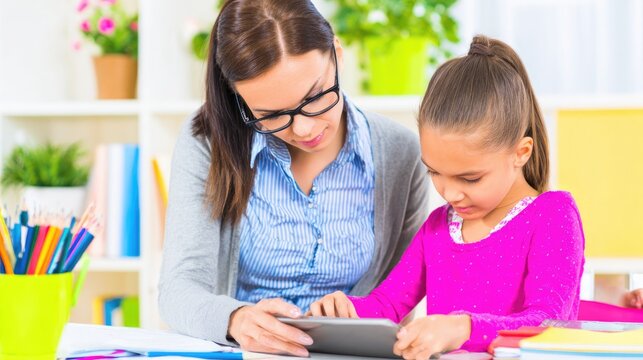 Teacher Helping Elementary Student with Tablet in Colorful Classroom