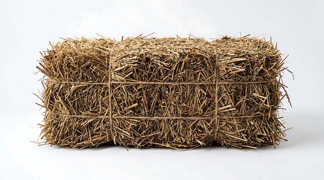 A neatly stacked rectangular bale of dry hay wrapped with twine sits on a clean white surface.