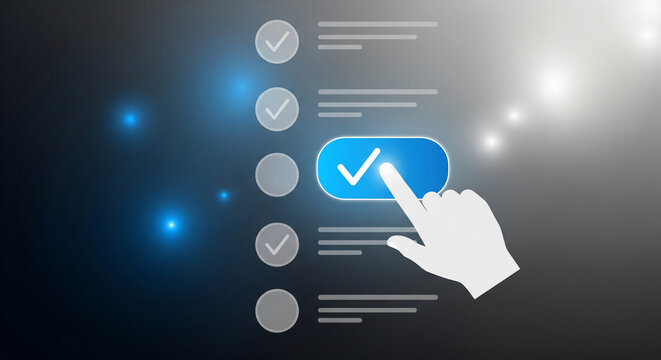 White hand clicking blue checkmark button in a digital list on dark background with bokeh lights, concept for task completion, online selection and user interface design