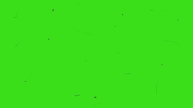 A green screen, or chroma key, displays spots, dots, and streaks that mimic old video film and screen debris.