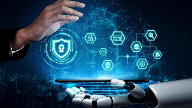 Futuristic Cybersecurity Concept Featuring Hand and Robotic Arm with Digital Lock and Data Protection Icons Against a Modern Technology Background. Entropy.